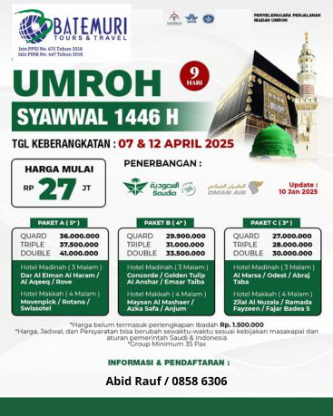 Paket Umroh Syawal , Btt - AsiaTour, 9 hari, Keberangkatan 7 & 12 April 2025 